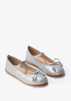 Clearance Bailarinas De Niña Lazo Corazones Metalizado Plata Zapatos De Ceremonia|Bailarinas
