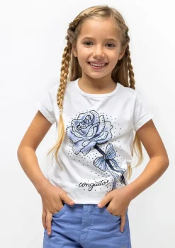 Cheap Camiseta De Niña Rosa Strass Celeste Camisetas
