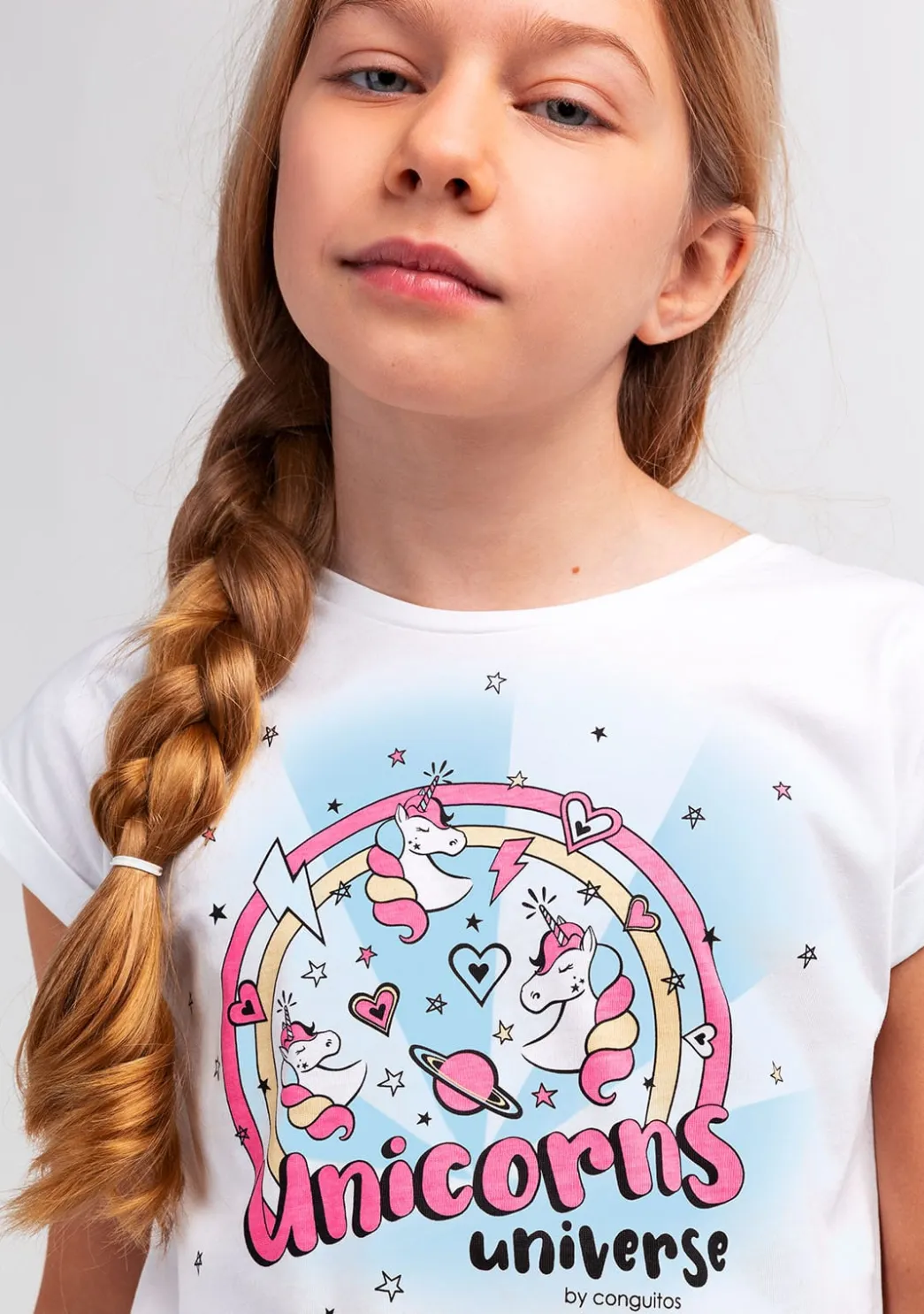 Cheap Camiseta Niña Estampado Unicornio Solar Reactivo Blanco Camisetas