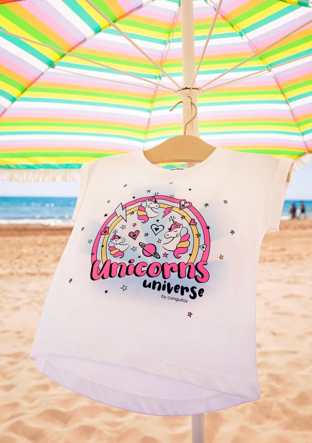 Cheap Camiseta Niña Estampado Unicornio Solar Reactivo Blanco Camisetas