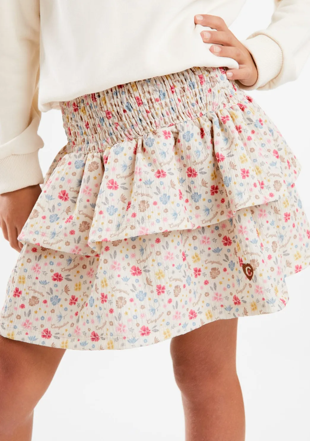 Cheap Falda Volantes Flores Beige Faldas