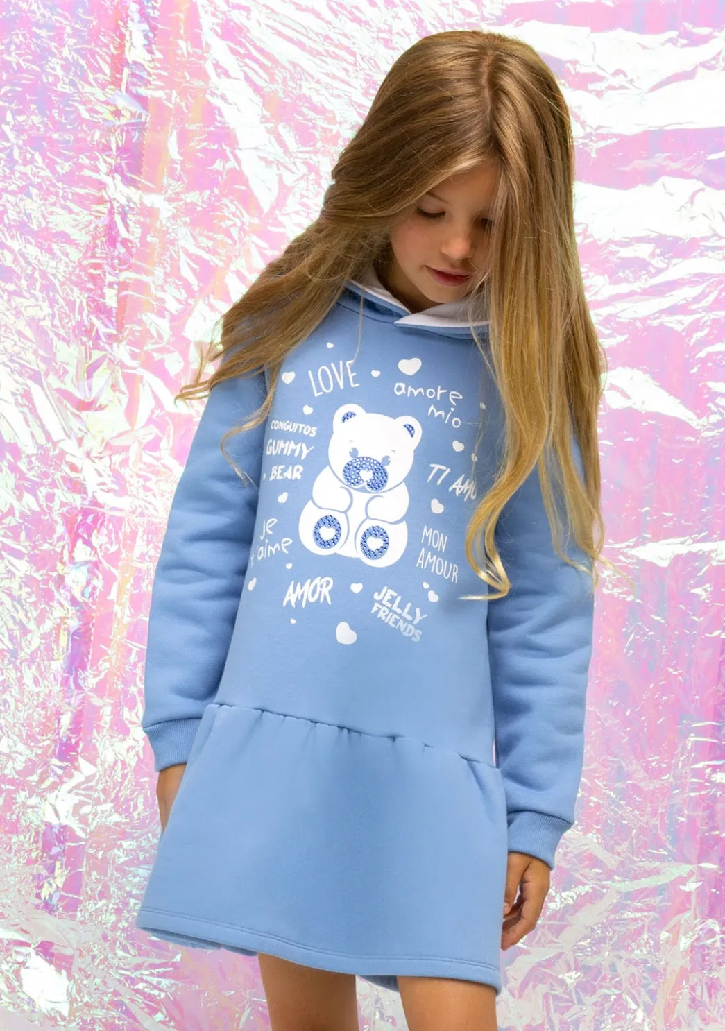 Shop Vestido Niña Capucha Osito Pedrería Azul Vestidos Sudadera|Vestidos