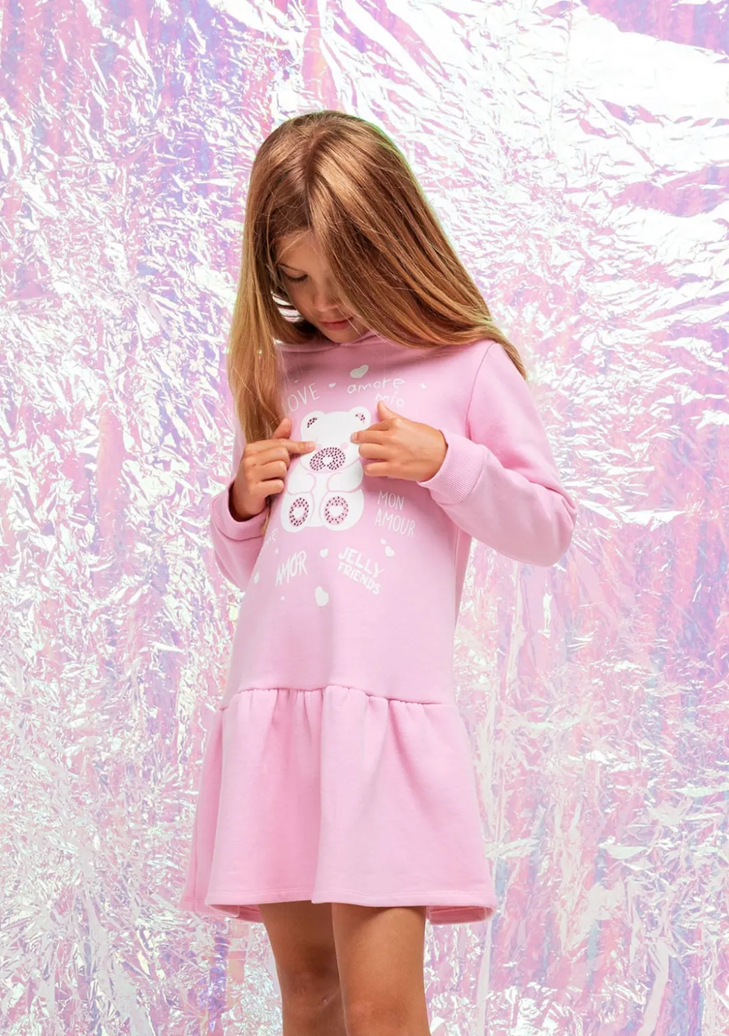 Cheap Vestido Niña Capucha Osito Pedrería Rosa Vestidos Sudadera|Vestidos