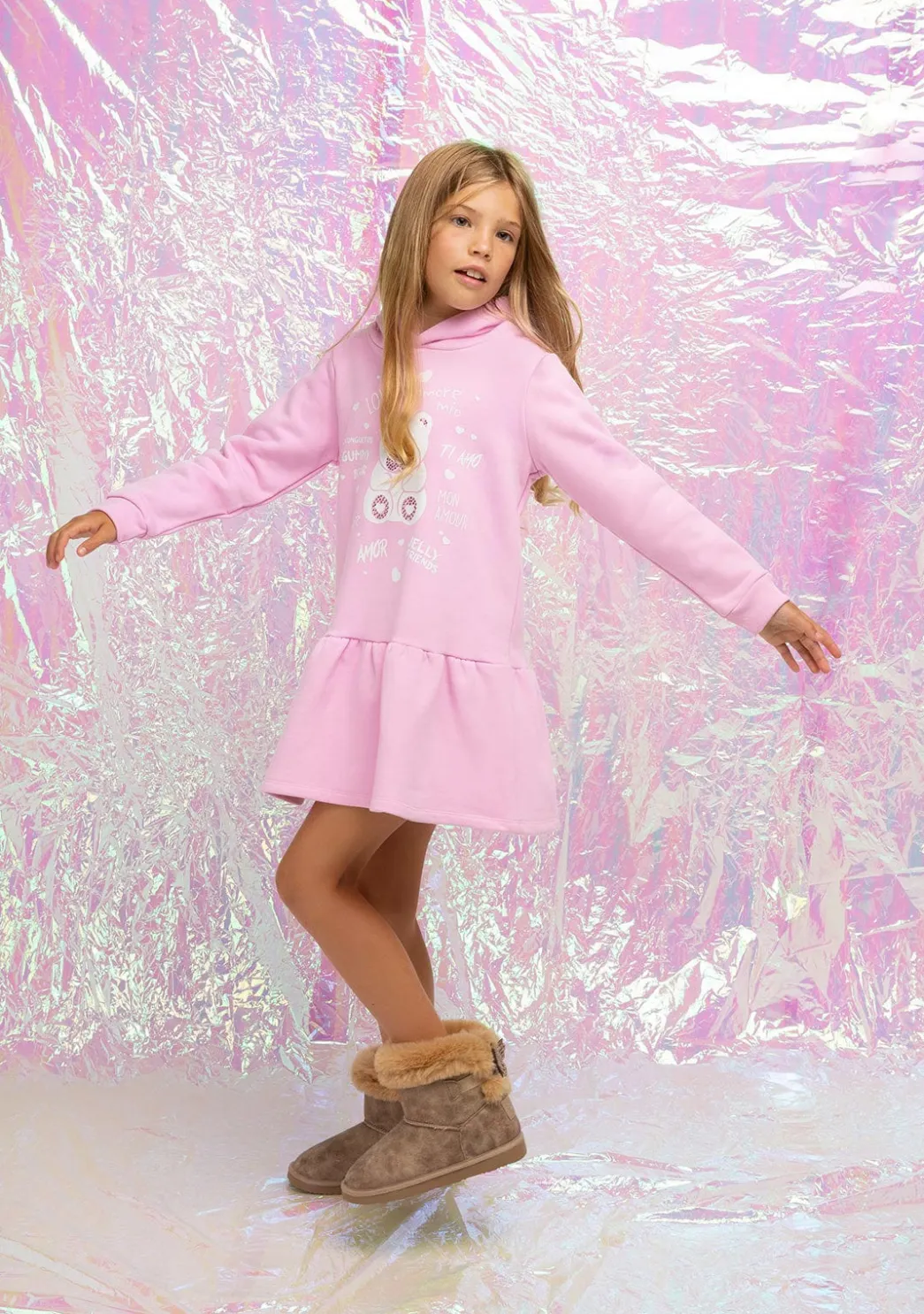 Cheap Vestido Niña Capucha Osito Pedrería Rosa Vestidos Sudadera|Vestidos