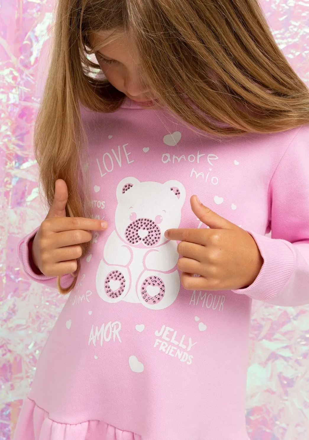 Cheap Vestido Niña Capucha Osito Pedrería Rosa Vestidos Sudadera|Vestidos